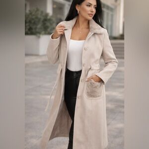 701. Tan layering coat elegant faux fur pocketed peacoat spring jacket